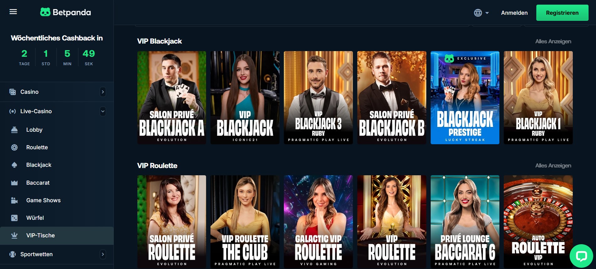 Dunkel gestaltete Online-Casino-Startseite mit VIP-Tischen für Roulette und Blackjack, Countdown für Cashback-Aktion und klar strukturierter Navigation; moderne Plattformdarstellung mit Fokus auf exklusive Spiele und seriöse Präsentation, relevant für Krypto Casinos und digitale Glücksspielangebote.
