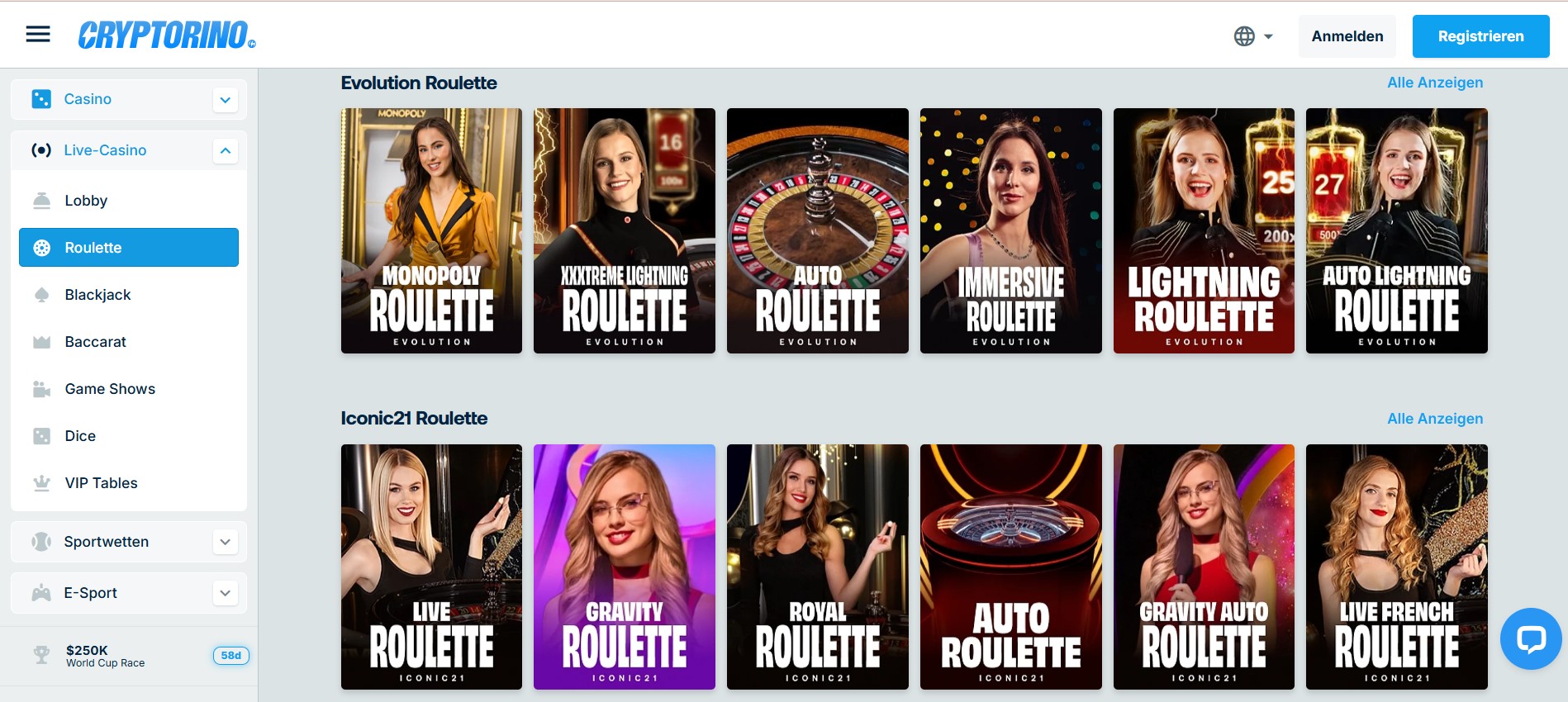 Online-Plattform zeigt vielfältige Roulette-Spiele im Live-Casino Bereich, mit Evolution und Iconic21 Angeboten; moderne Benutzeroberfläche hebt Auswahl und Vielfalt von Krypto Casinos hervor, inklusive Lightning Roulette und französischer Varianten.