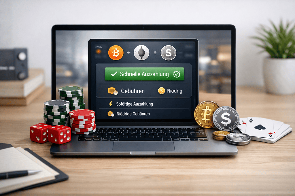 Modernes Hero-Image zu Krypto Casinos: Ein Laptop auf einem aufgeräumten Schreibtisch zeigt eine digitale Wallet mit schneller Auszahlung und transparenten Gebühren. Daneben liegen Pokerchips, Würfel sowie Symbole für Bitcoin, Ethereum und Stablecoins, die Vertrauen und digitale Sicherheit vermitteln.