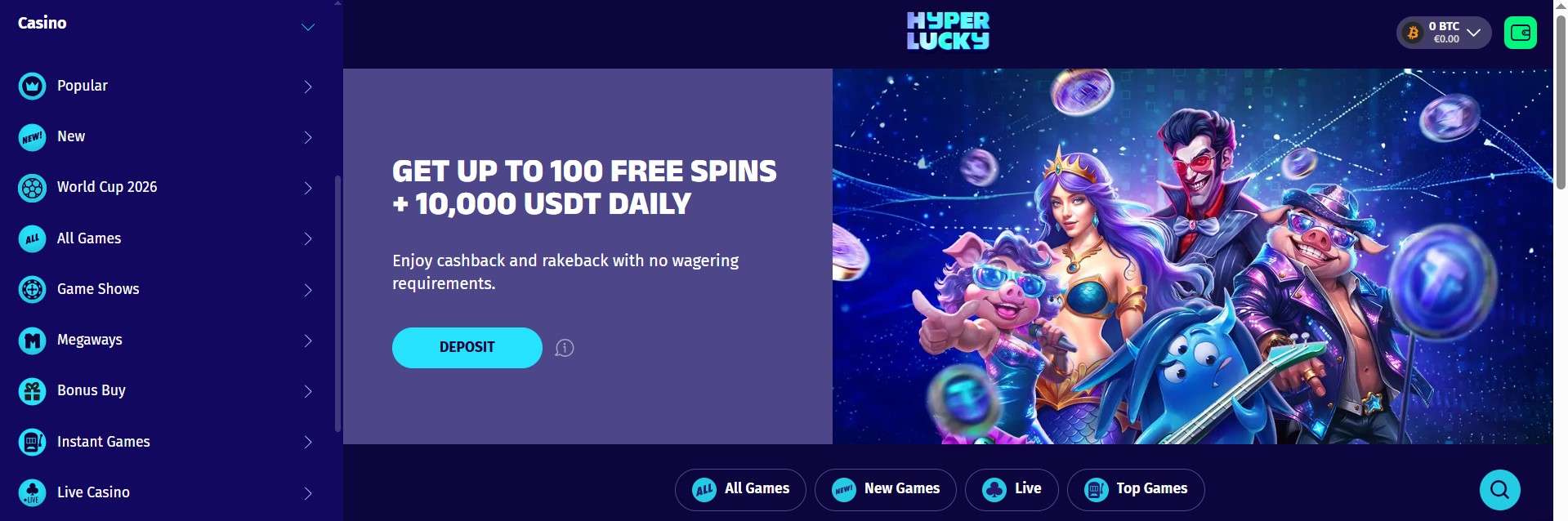 Online-Plattform mit futuristischem Casino-Design, bunten Charakteren und Bonusangeboten; hebt Kryptowährungen, tägliche Belohnungen und Vorteile von Krypto Casinos hervor, mit klarer Menüstruktur und digitalem Interface.