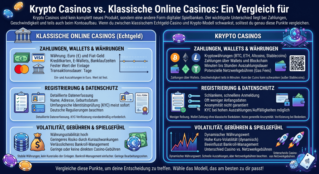 Vergleichende Infografik zeigt die Unterschiede zwischen klassischen Online-Casinos mit Euro-Zahlungen und modernen Krypto Casinos, hebt Aspekte wie Transaktionsgeschwindigkeit, Datenschutz, Volatilität und Gebühren hervor, um Spielern eine fundierte Entscheidung zu erleichtern.